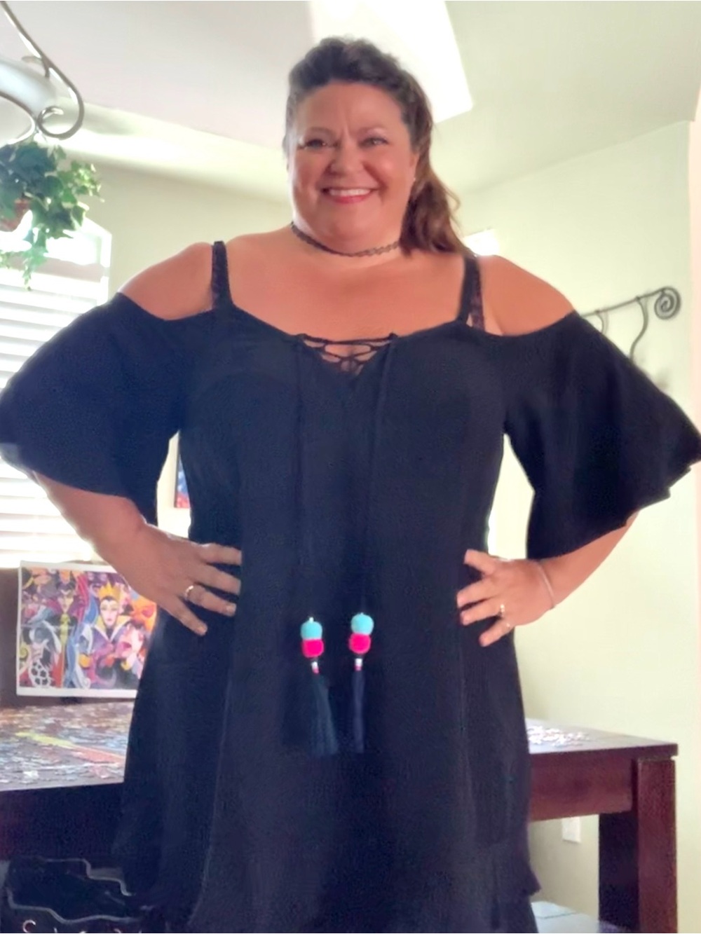torrid Black Cold-Shoulder Swim Coverup with Tassel Bead Accents